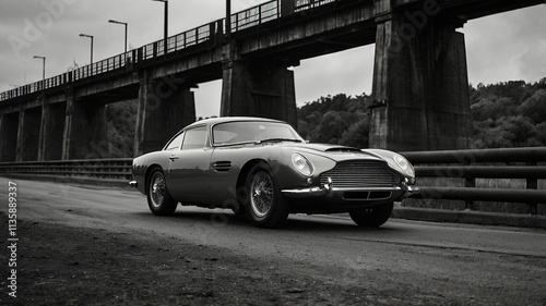 Classic Retro Sport Car in Monochrome Old Bridge Landscape