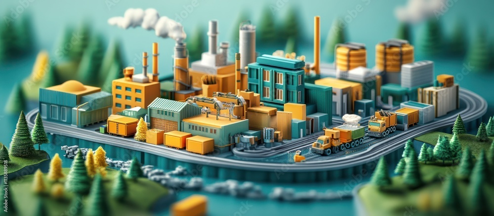 A miniature model of a factory complex with multiple buildings, trucks, and a smokestack, surrounded by trees. A miniature model of a factory complex with multiple buildings, trucks, and a smokestack, surrounded by trees.