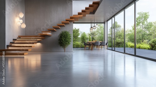 Modern suburban house foyer with polished concrete floors, sleek floating stairs, and a view leading into a stylish dining and living area. Minimalist design and natural lighting