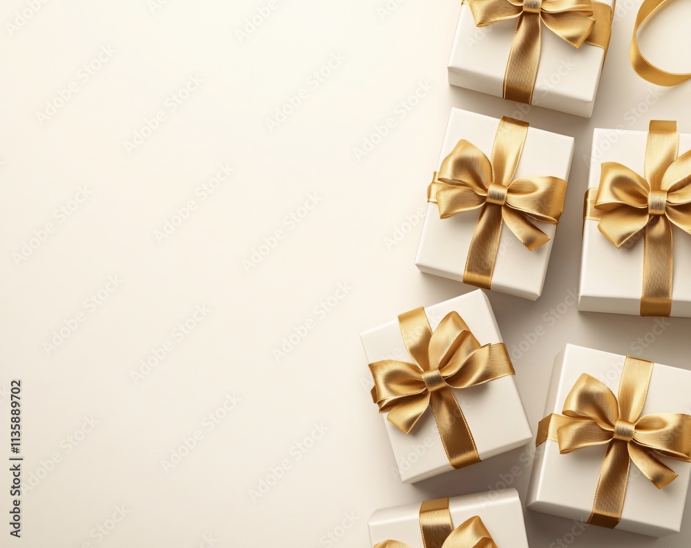 Elegant White Gift Boxes with Gold Ribbons Top View Elegant White Gift Boxes with Gold Ribbons Top View