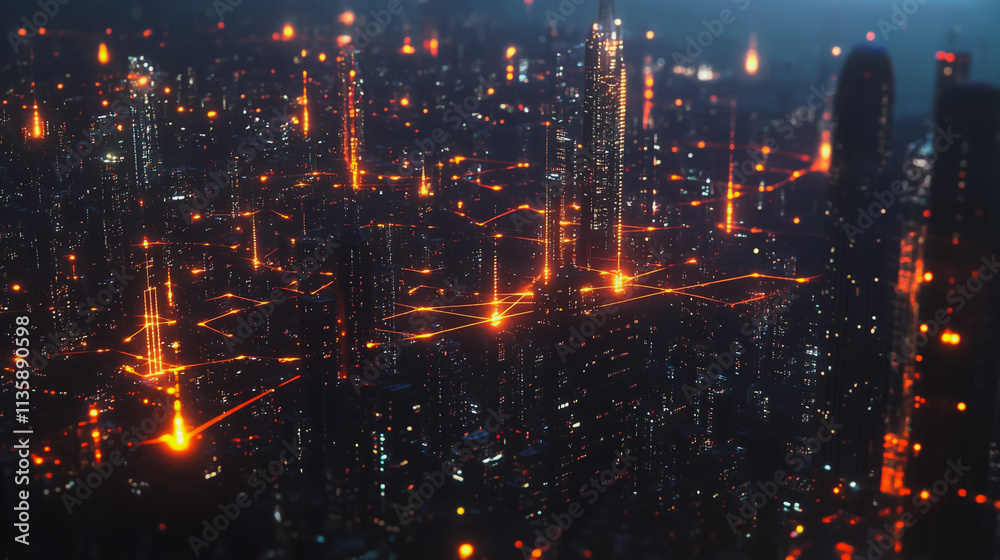 Obraz premium Smart digital Innovation city with connection network reciprocity over the cityscape. of future smart wireless digital city and social media networking systems that connects people with in city
