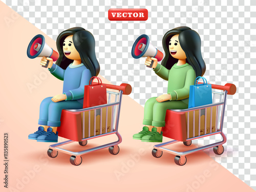 Woman holding megaphone while sitting on trolly. 3d vector suitable for, promotion, advertising and design elements