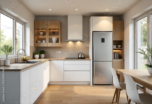 Interior of modern kitchen with counters and stylish fridge