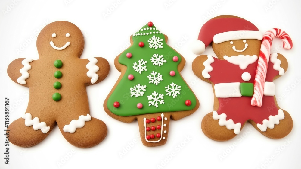 Set of gingerbread cookies with white & green & red glaze, in the shape of a Christmas tree and gingerbread man, on white background. Set of gingerbread cookies with white & green & red glaze, in the shape of a Christmas tree and gingerbread man, on white background.
