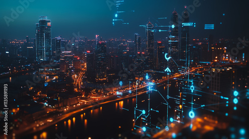 Wallpaper Mural Smart digital Innovation city with connection network reciprocity over the cityscape. of future smart wireless digital city and social media networking systems that connects people with in city Torontodigital.ca