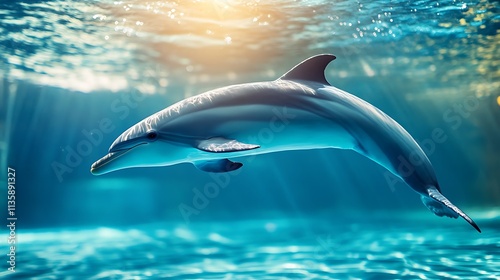Dolphin swimming underwater, sunbeams. Concept of marine life, ocean wildlife, and aquatic animals.