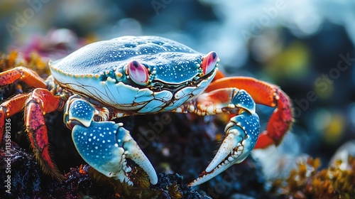 Vibrant Blue and Red Crab on Rocks.  Marine Life, Seashore Creature, Nature Detail. photo