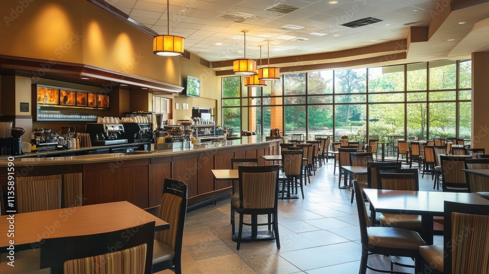 Upscale cafe design with a spacious bar island in the center, clean rows of dining tables, and designer chairs in earthy tones. Soft natural light fills the space. Upscale cafe design with a spacious bar island in the center, clean rows of dining tables, and designer chairs in earthy tones. Soft natural light fills the space.