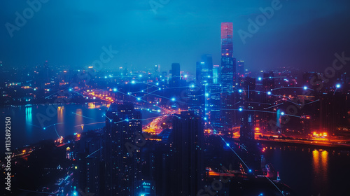 Wallpaper Mural Smart digital Innovation city with connection network reciprocity over the cityscape. of future smart wireless digital city and social media networking systems that connects people with in city Torontodigital.ca