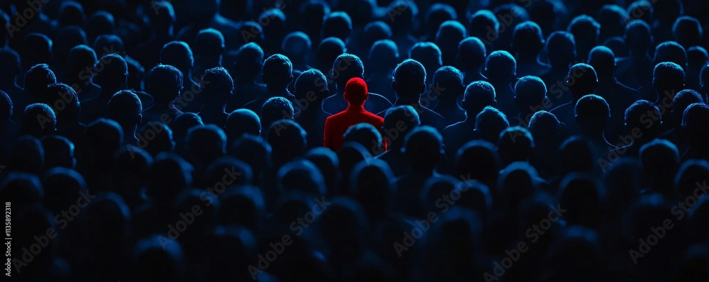 Obraz premium Single Red Figure in a Crowd of Silhouettes Dark Blue Abstract Concept