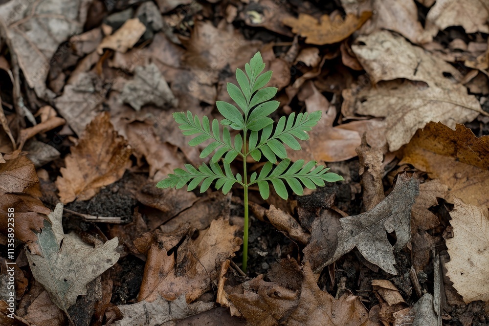 Fresh Green Plant Emerges from Dry Brown Leaves in Forest Floor, Symbolizing Renewal and Resilience in Nature's Cycle of Life and Growth Fresh Green Plant Emerges from Dry Brown Leaves in Forest Floor, Symbolizing Renewal and Resilience in Nature's Cycle of Life and Growth
