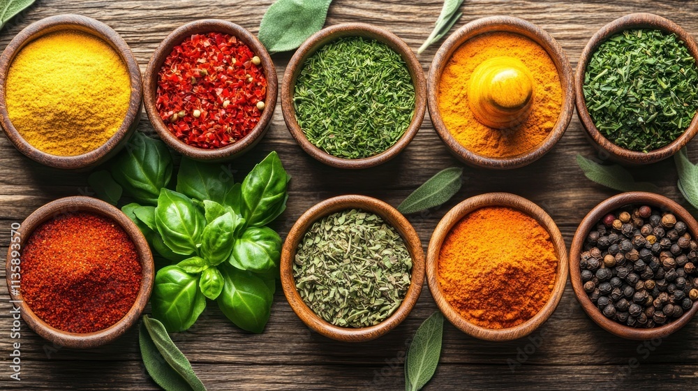 Aromatic Spices and Herbs in Wooden Bowls Aromatic Spices and Herbs in Wooden Bowls