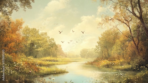 Wallpaper Mural Serene Autumn River Scene With Birds Flying Torontodigital.ca