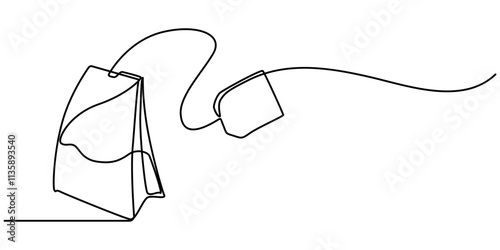 one continuous line drawing of tea bag.one line drawing of tea bag icon.single line vector illustration.isolated white background, Hot herbal drink for morning routine and breakfast in simple linear. 