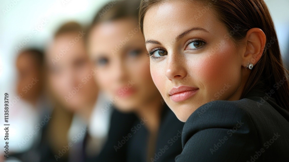 A businesswoman in a meeting, leaning forward and listening intently to a presentation. A businesswoman in a meeting, leaning forward and listening intently to a presentation.