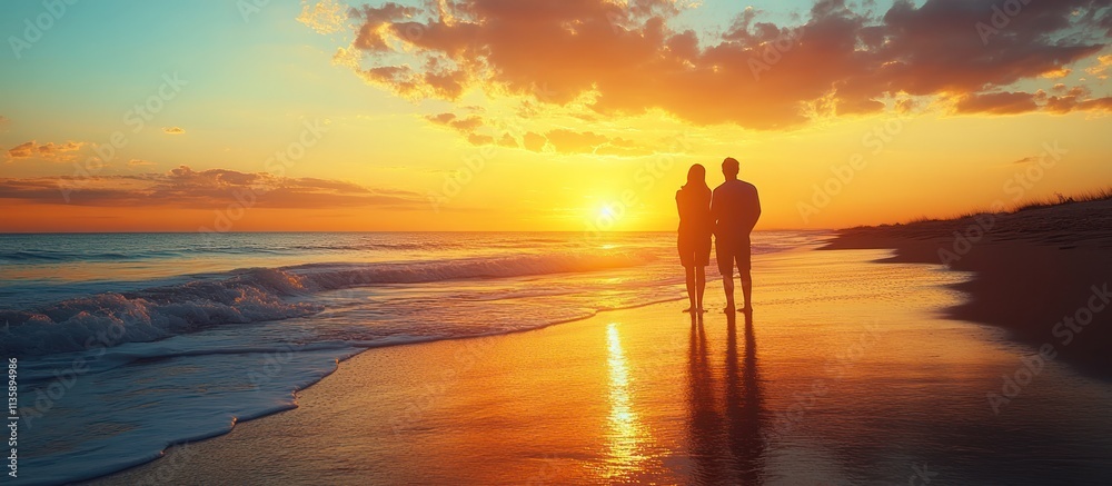 A couple silhouetted against a colorful sunset on a beach as they watch the waves crash on the shore. A couple silhouetted against a colorful sunset on a beach as they watch the waves crash on the shore.