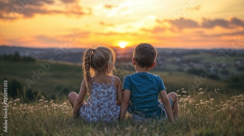 Two children sitting on a hill watching a sunset