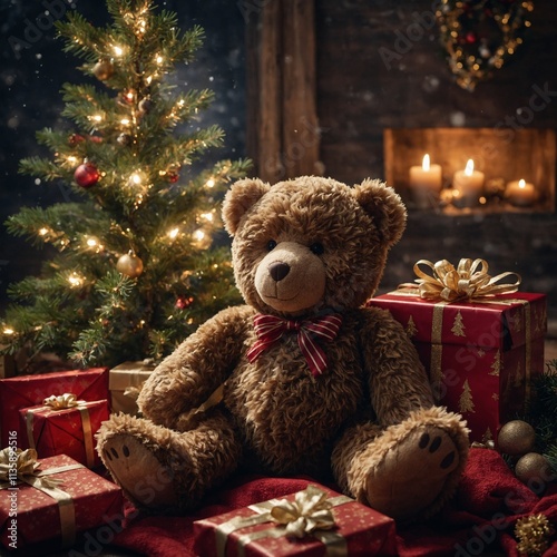 A teddy bear sitting next to a glowing Christmas tree with wrapped presents.