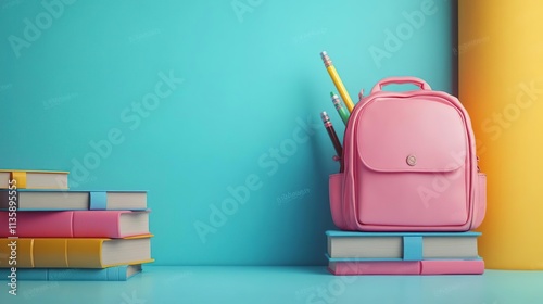 a pink backpack and books on a blue table photo