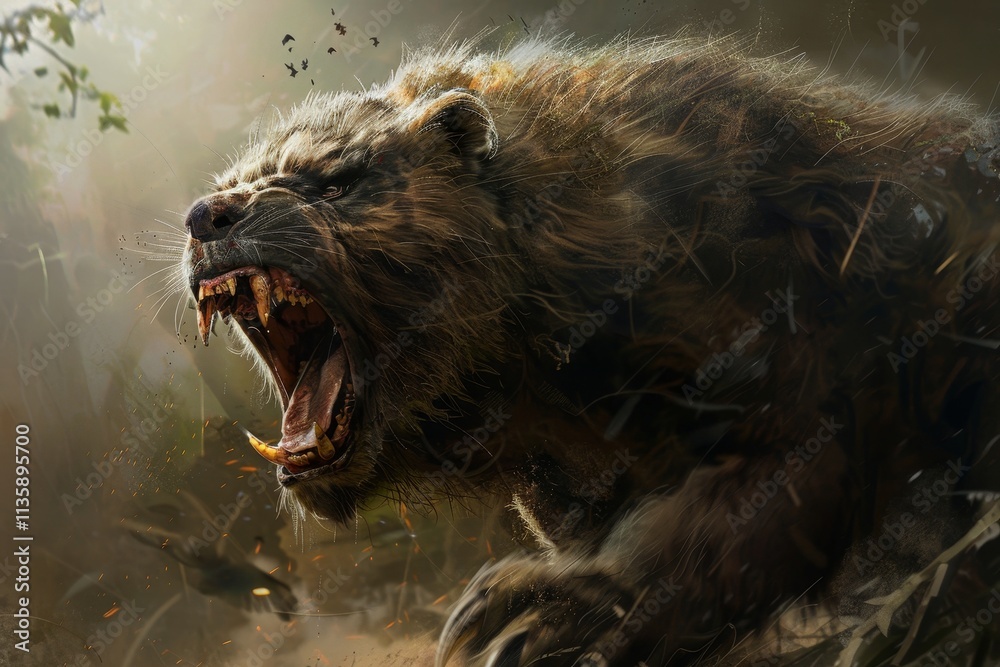 A close-up shot of a bear with its mouth open in a roar, A creature with a reputation for ferocity and aggression A close-up shot of a bear with its mouth open in a roar, A creature with a reputation for ferocity and aggression