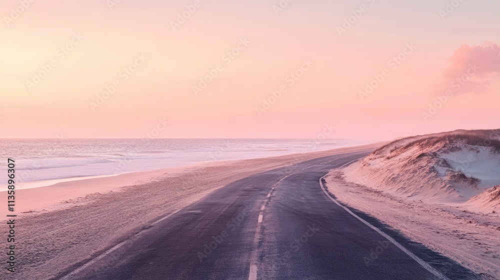 Coastal Road at Pink Sunset Beach Scene Coastal Road at Pink Sunset Beach Scene