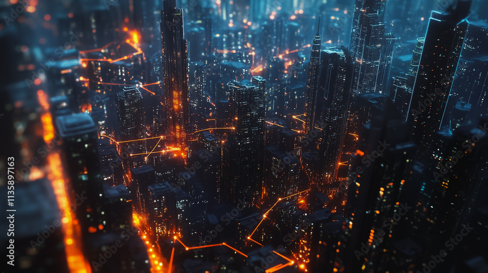Obraz premium Smart digital Innovation city with connection network reciprocity over the cityscape. of future smart wireless digital city and social media networking systems that connects people with in city