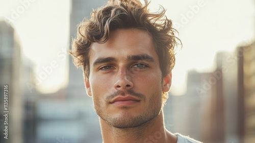 portrait of man with textured hair styled with matte pomade under soft natural light and blurred urban backdrop photo