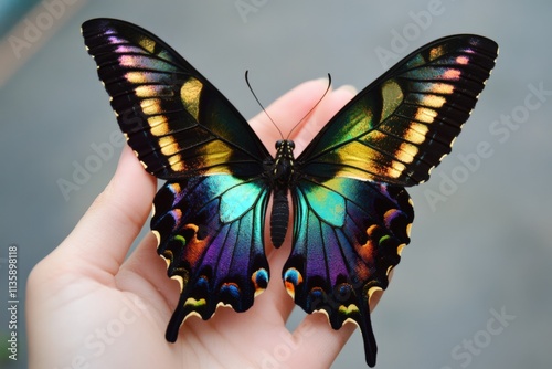 a colorful butterfly rests on a hand photo