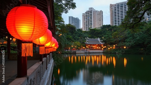 Chinese New Year  lanterns symbolism. The image captures glowing red lanterns along a serene waterway, with modern buildings and lush greenery in the background, creating a peaceful urban scene.