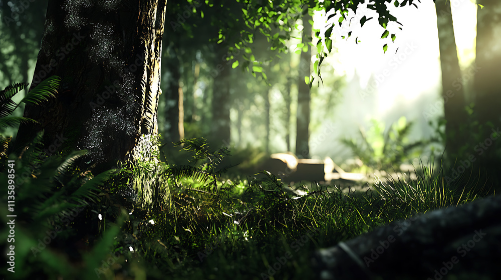 A forest scene with a tree in the foreground A forest scene with a tree in the foreground