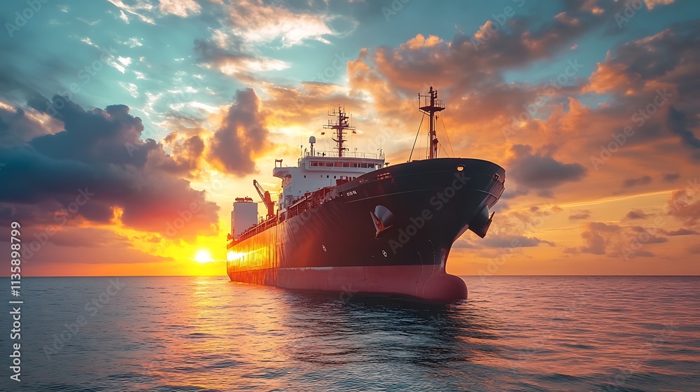 Cargo ship at sunset. Concept of global trade, maritime transport, and international shipping. Cargo ship at sunset. Concept of global trade, maritime transport, and international shipping.