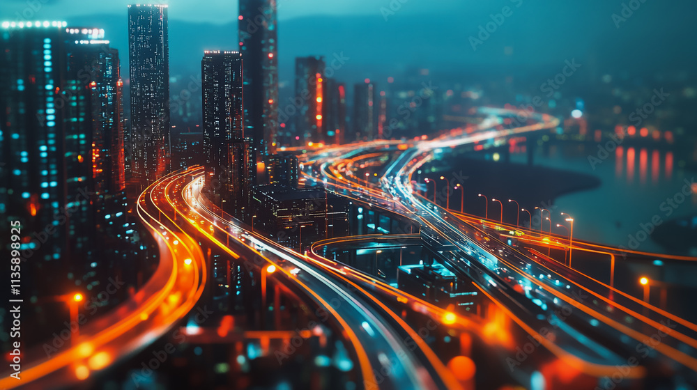 Fototapeta premium Smart digital Innovation city with connection network reciprocity over the cityscape. of future smart wireless digital city and social media networking systems that connects people with in city