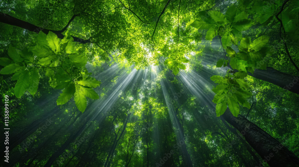 Obraz premium A serene view of sunlight filtering through lush green foliage in a dense forest, creating a tranquil and vibrant atmosphere.