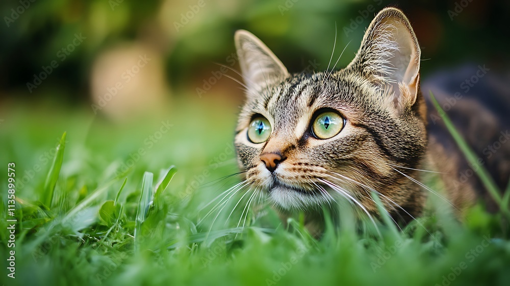 Curious tabby cat in grass. Outdoor pet, wildlife, nature. Curious tabby cat in grass. Outdoor pet, wildlife, nature.