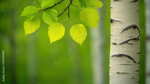 A close-up of vibrant green leaves on a birch tree, showcasing the contrasting white bark against a soft, blurred green background.