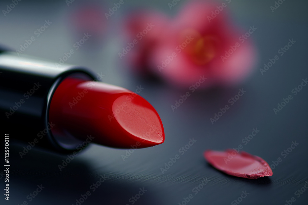 A red lipstick is on a table next to a flower. The lipstick is almost completely gone, and the flower is wilted. Scene is somewhat sad and melancholic, as the lipstick has been used up A red lipstick is on a table next to a flower. The lipstick is almost completely gone, and the flower is wilted. Scene is somewhat sad and melancholic, as the lipstick has been used up