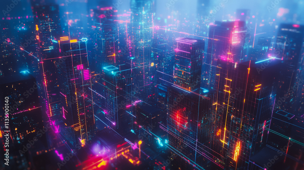 Fototapeta premium Smart digital Innovation city with connection network reciprocity over the cityscape. of future smart wireless digital city and social media networking systems that connects people with in city
