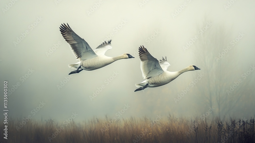 Fototapeta premium Two Geese in Flight over Misty Field