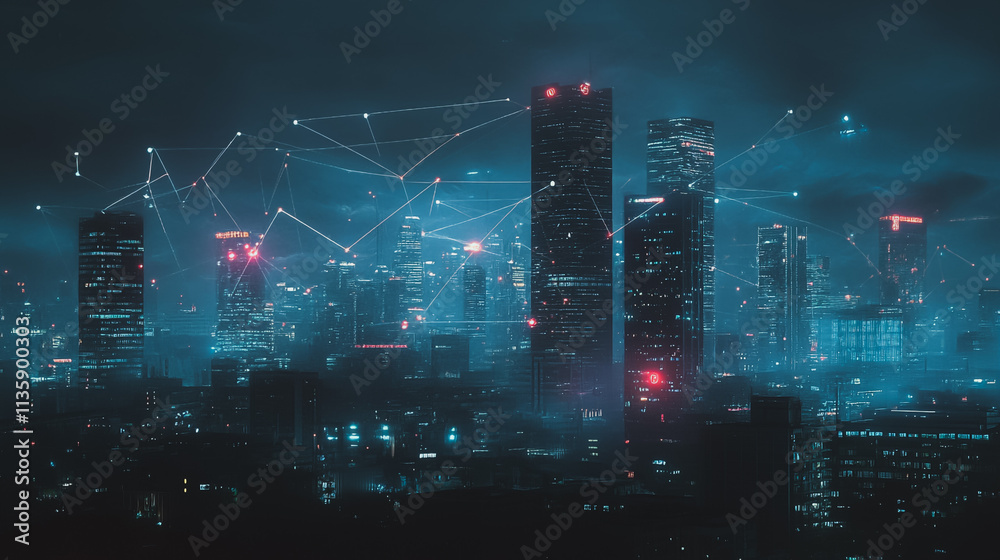 custom made wallpaper toronto digitalSmart digital Innovation city with connection network reciprocity over the cityscape. of future smart wireless digital city and social media networking systems that connects people with in city