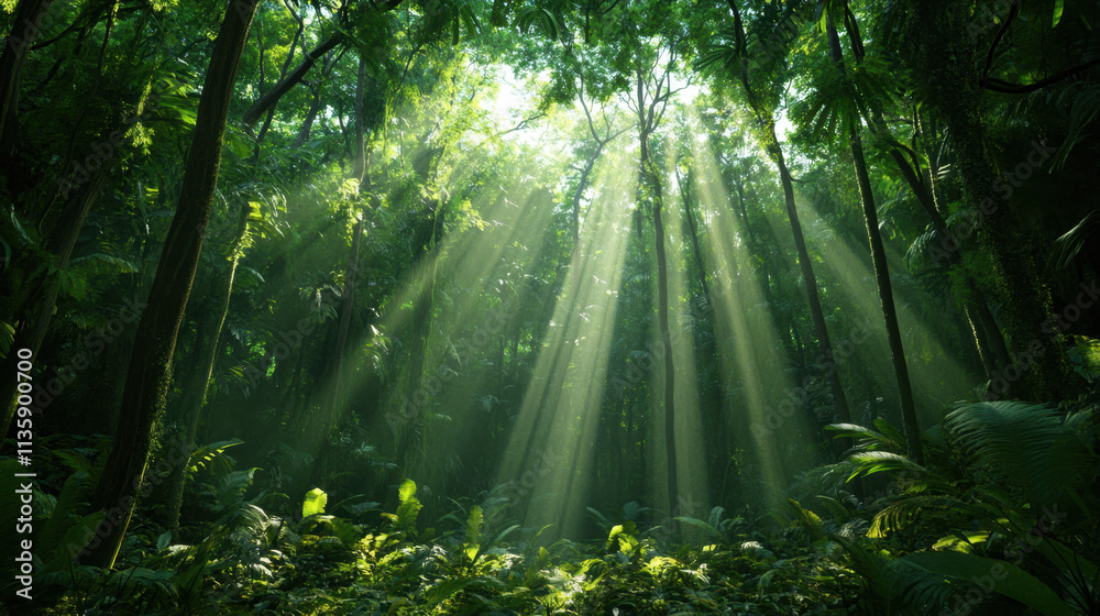 Obraz premium A serene forest scene with sunlight filtering through dense trees, creating a tranquil atmosphere filled with vibrant green foliage.