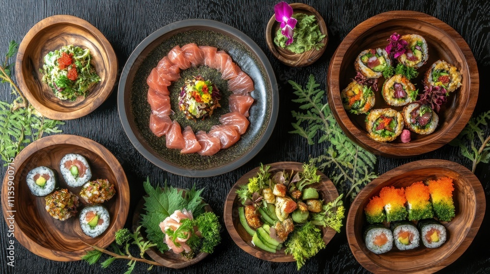 An Exquisite Arrangement Of Various Sushi Dishes An Exquisite Arrangement Of Various Sushi Dishes