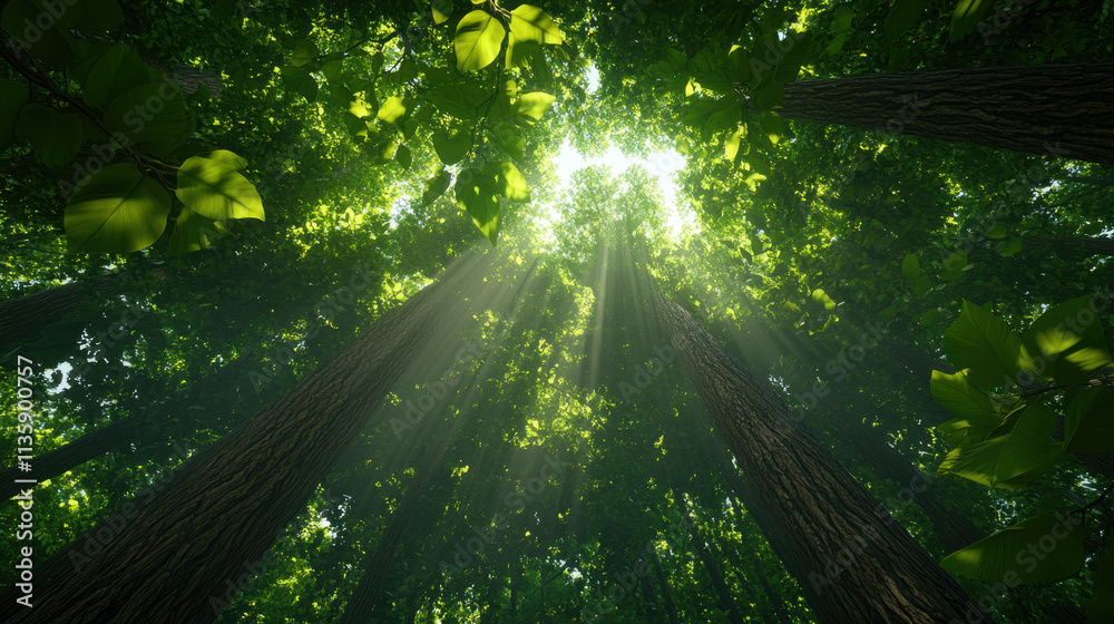Fototapeta premium A serene view of sunlight filtering through a lush green canopy, showcasing tall trees and vibrant leaves in a tranquil forest setting.