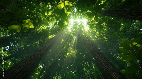 A serene view of sunlight filtering through a lush green canopy, showcasing tall trees and vibrant leaves in a tranquil forest setting.