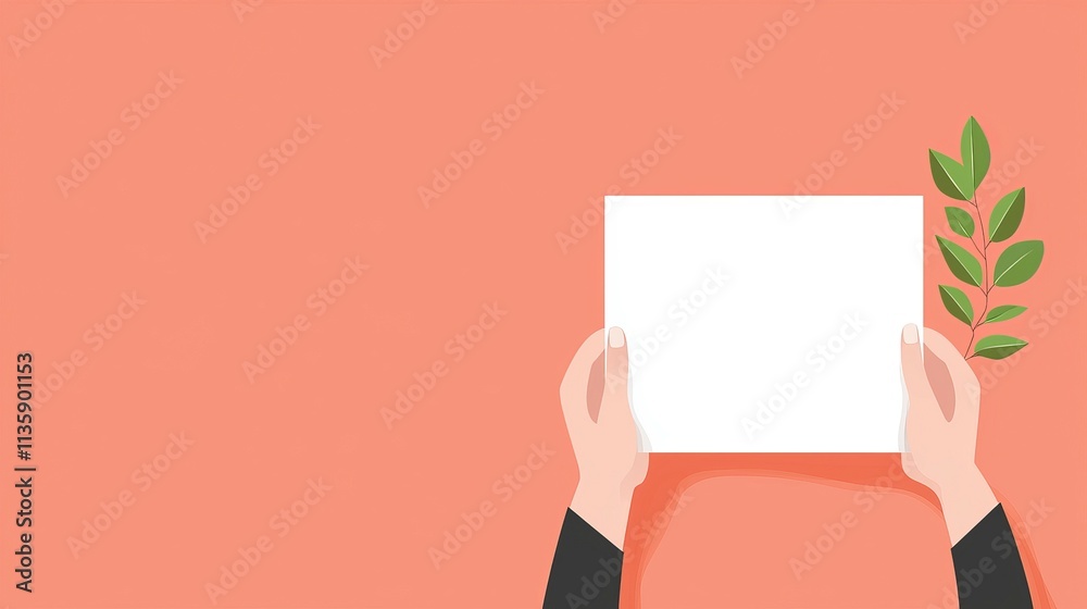 A pair of hands holding a blank white sheet with a green leaf beside it on a coral background. A pair of hands holding a blank white sheet with a green leaf beside it on a coral background.