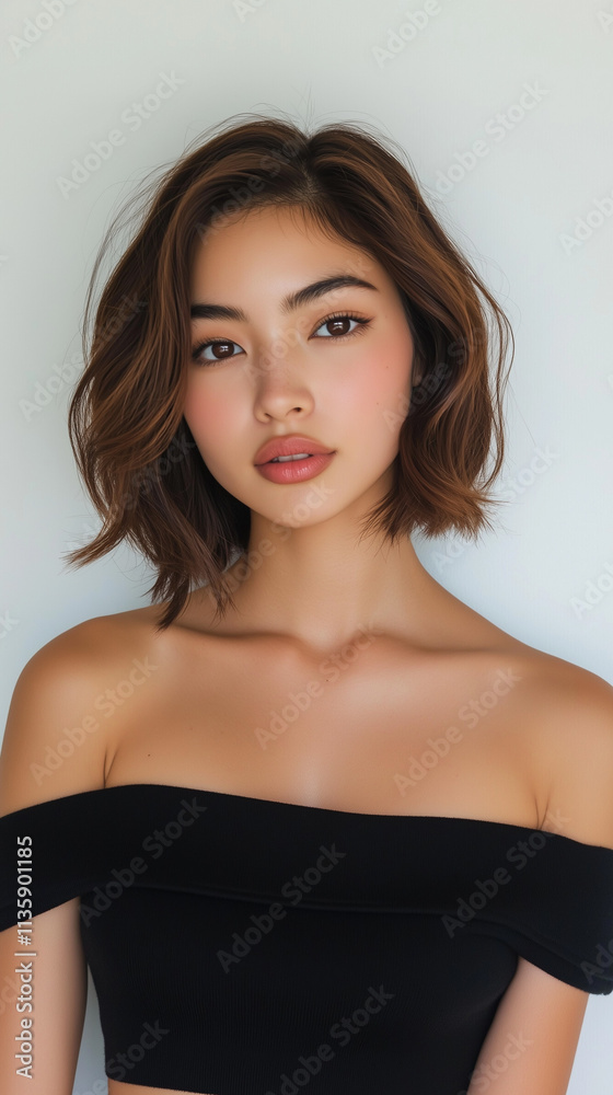 Beautiful woman with bob cut hair posing in front of white background Beautiful woman with bob cut hair posing in front of white background