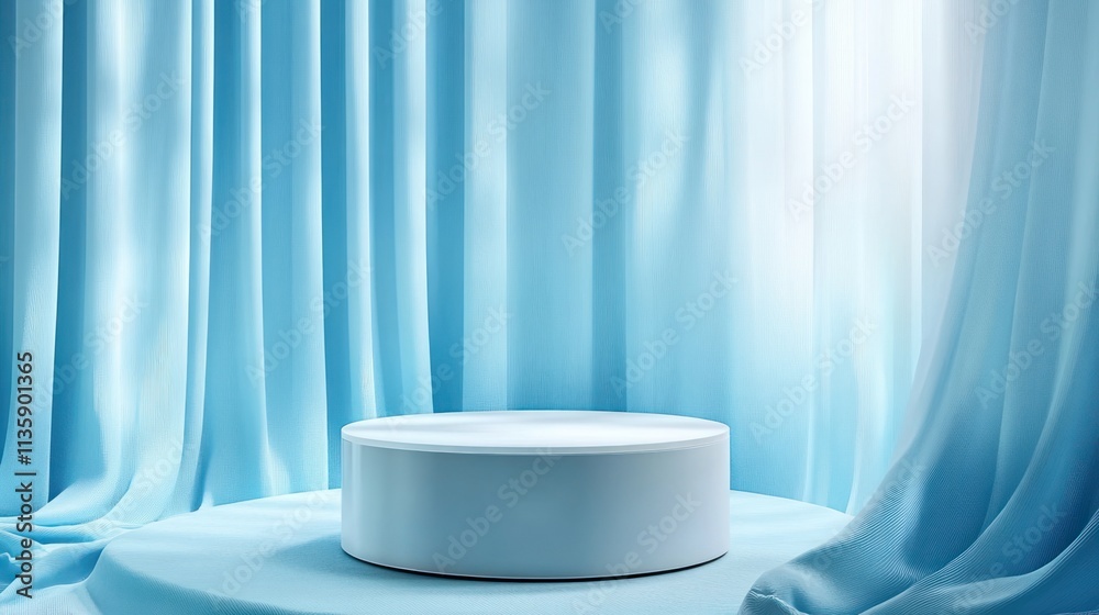 Light Blue Draped Fabric Backdrop With White Circular Display Stand Light Blue Draped Fabric Backdrop With White Circular Display Stand