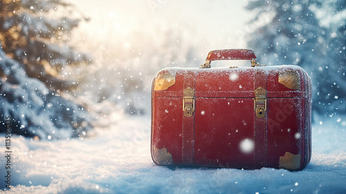 Vintage red suitcase in snowy winter landscape with falling snowflakes, warm golden sunrise in the background. Perfect for themes of travel, holidays, adventure, and nostalgia. photo