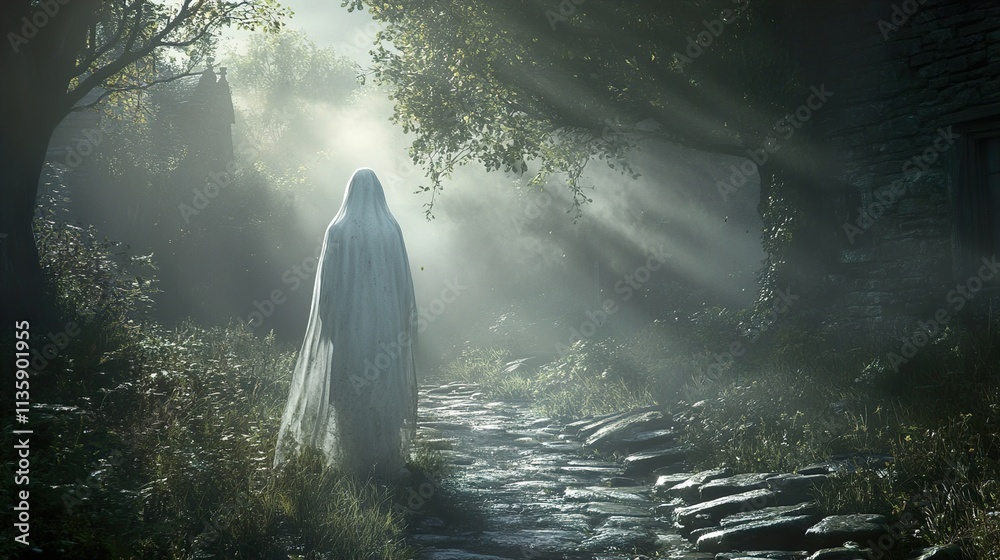 Obraz premium Ethereal Ghost in Misty Village Path