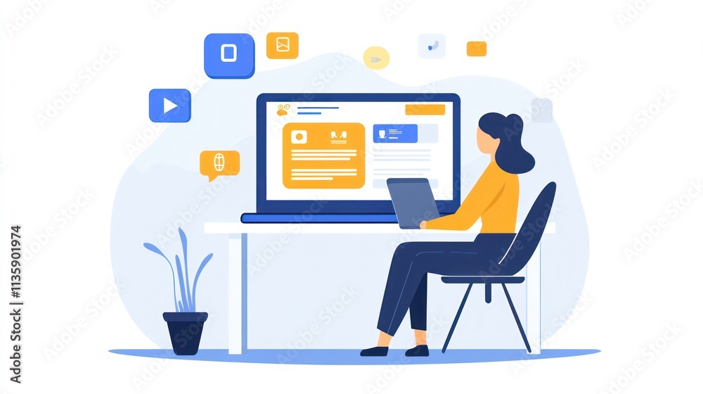 Woman working on laptop, managing content and social media. Woman working on laptop, managing content and social media.