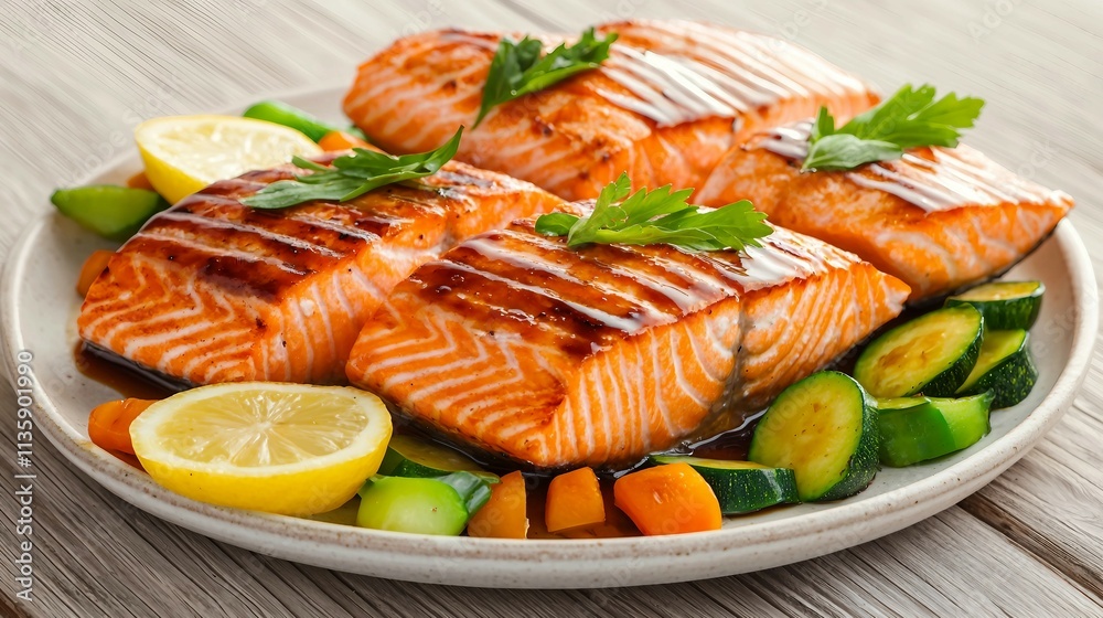 Grilled Salmon Fillets with Green Vegetables and Lemon Slices Grilled Salmon Fillets with Green Vegetables and Lemon Slices